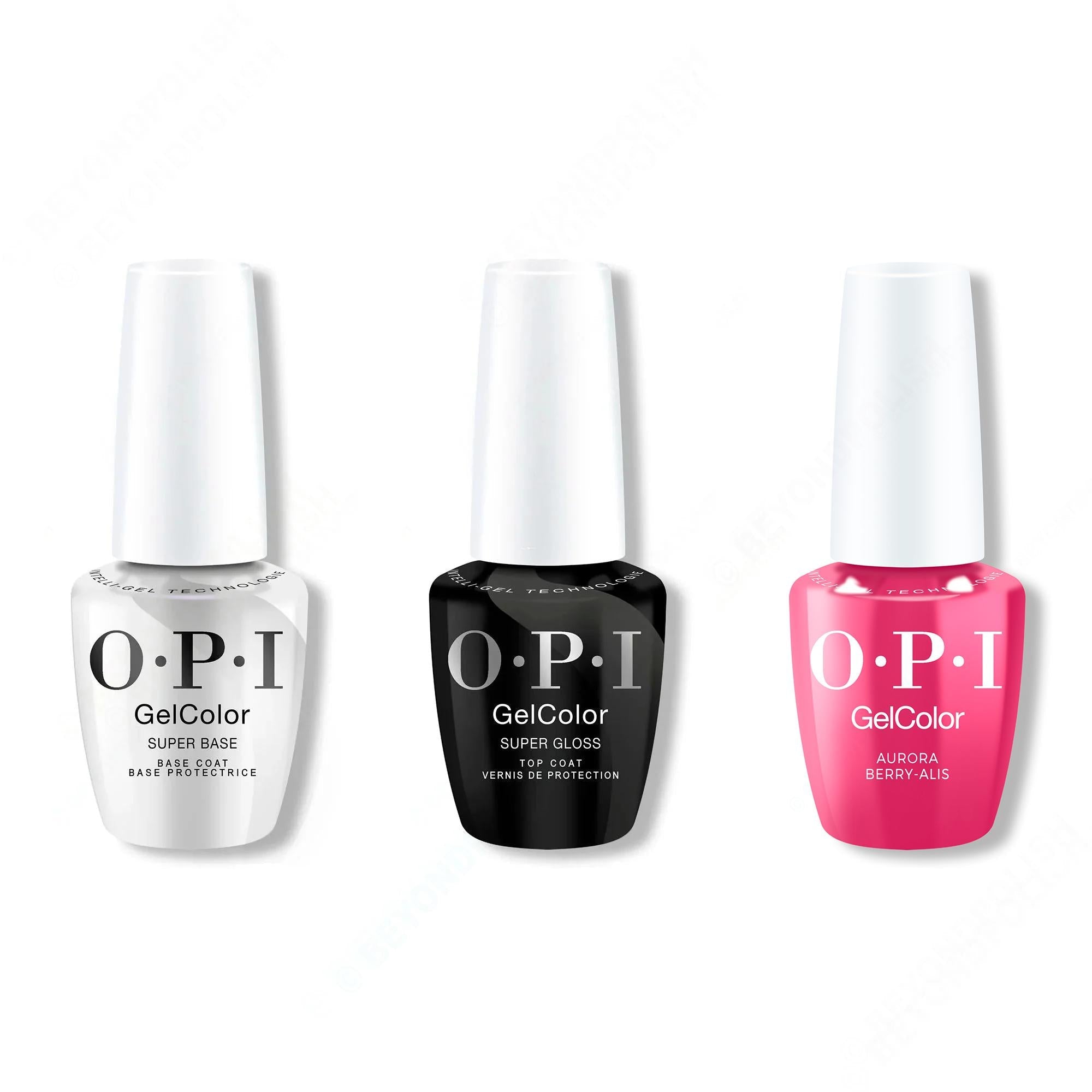 OPI GelColor Intelli-Gel Combo - Super Base Coat, Super Gloss Top Coat & Aurora Berry-Alis 0.5 Oz - Long Lasting Formula