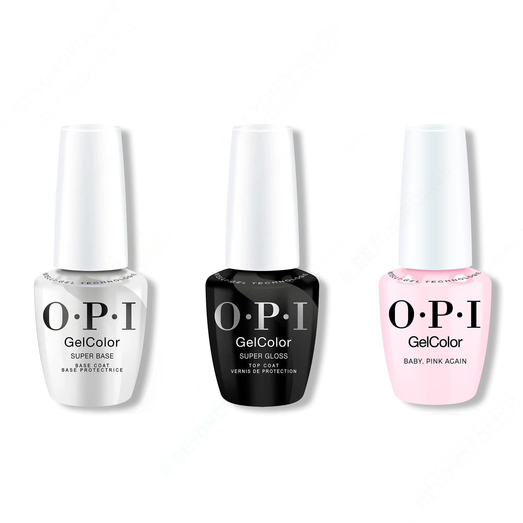 OPI GelColor Intelli-Gel Combo - Super Base Coat, Super Gloss Top Coat & Baby, Pink Again - Long Lasting Formula