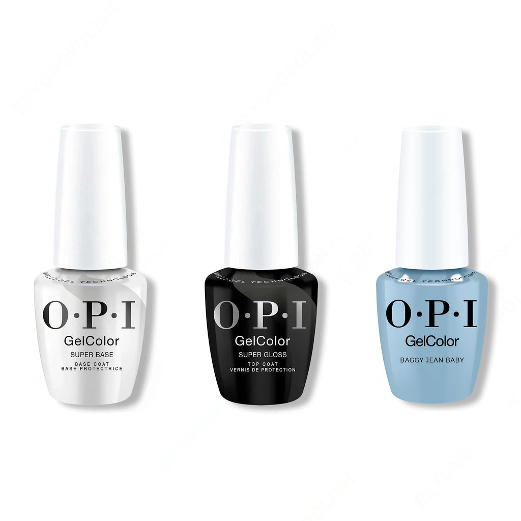 OPI GelColor Intelli-Gel Combo - Super Base Coat, Super Gloss Top Coat & Baggy Jean Baby - Long Lasting Formula