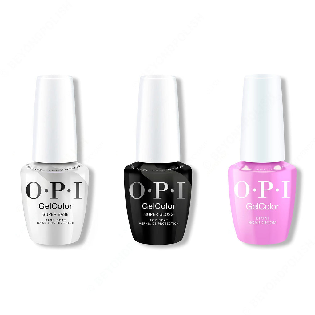 OPI GelColor Intelli-Gel Combo - Super Base Coat, Super Gloss Top Coat & Bikini Boardroom - Long Lasting Formula