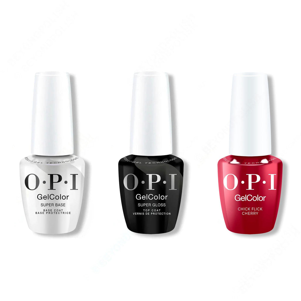 OPI GelColor Intelli-Gel Combo - Super Base Coat, Super Gloss Top Coat & Chick Flick Cherry 0.5 Oz - Long Lasting Formula