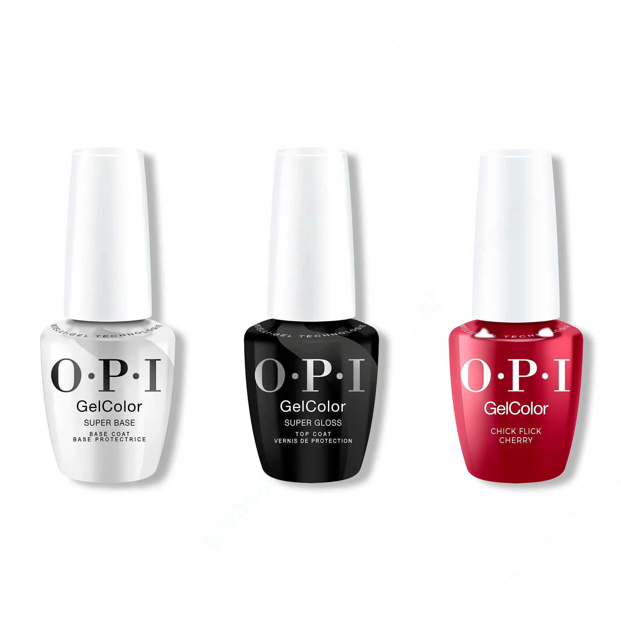 OPI GelColor Intelli-Gel Combo - Super Base Coat, Super Gloss Top Coat & Chick Flick Cherry 0.5 Oz - Long Lasting Formula