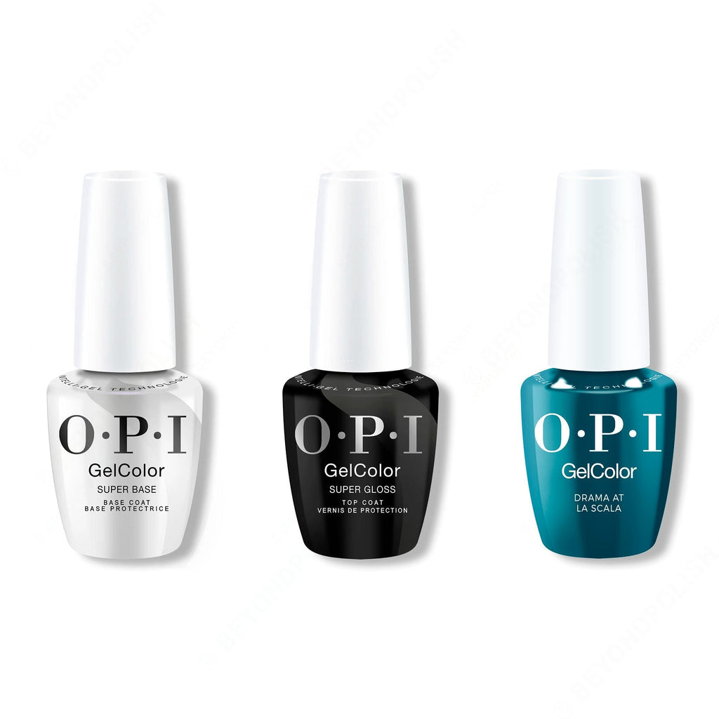 OPI GelColor Intelli-Gel Combo - Super Base Coat, Super Gloss Top Coat & Drama at La Scala - Long Lasting Formula