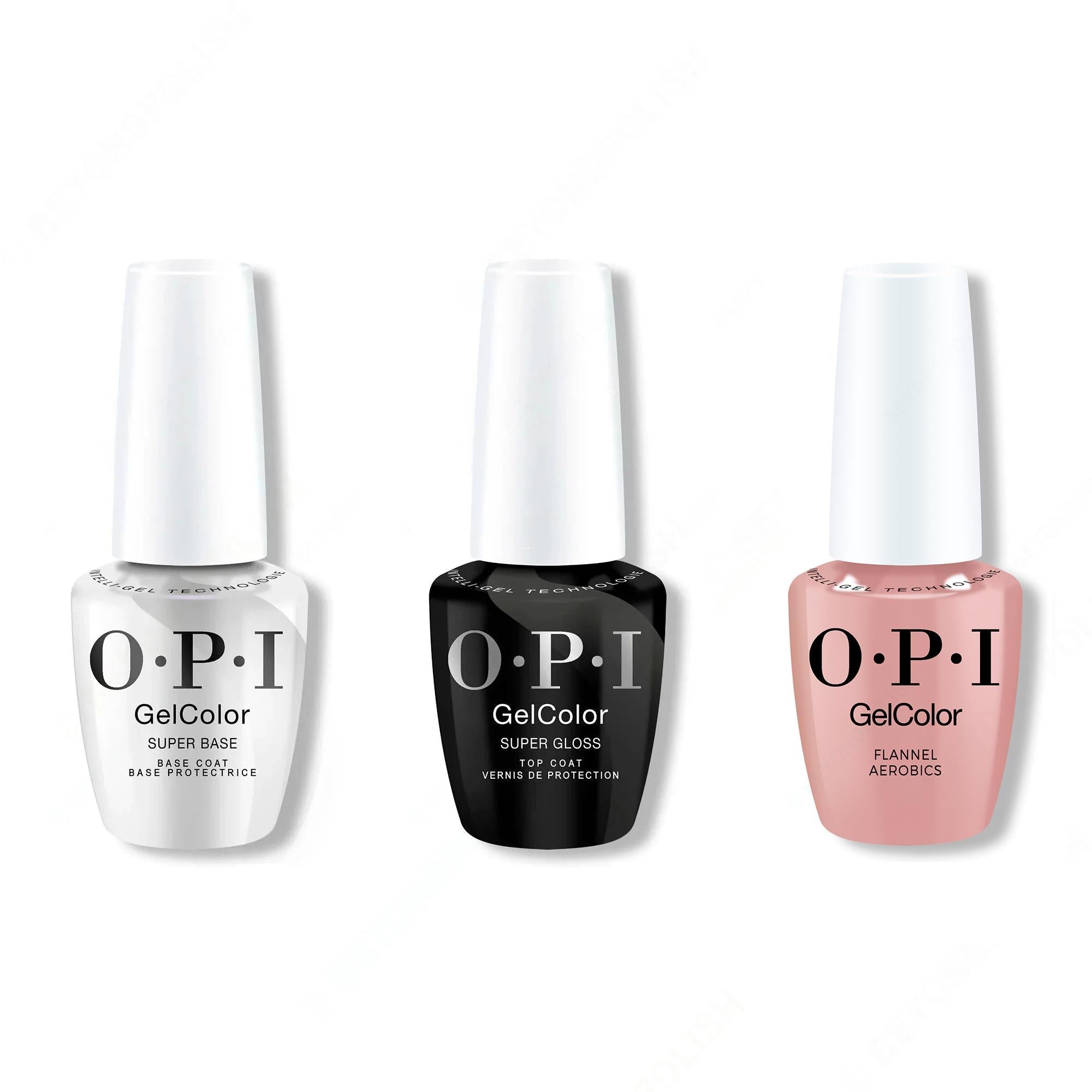 OPI GelColor Intelli-Gel Combo - Super Base Coat, Super Gloss Top Coat & Flannel Aerobics - Long Lasting Formula