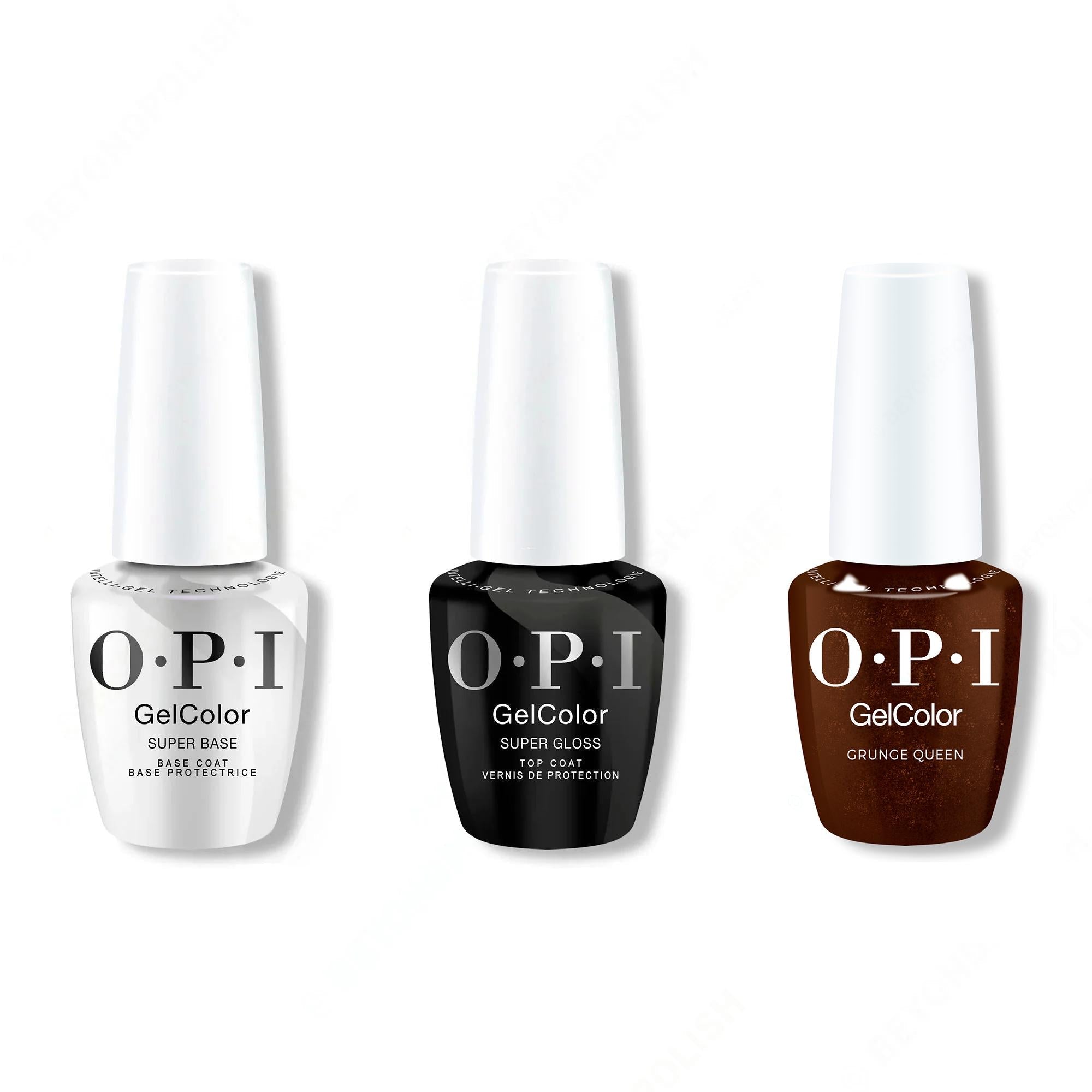 OPI GelColor Intelli-Gel Combo - Super Base Coat, Super Gloss Top Coat & Grunge Queen - Long Lasting Formula