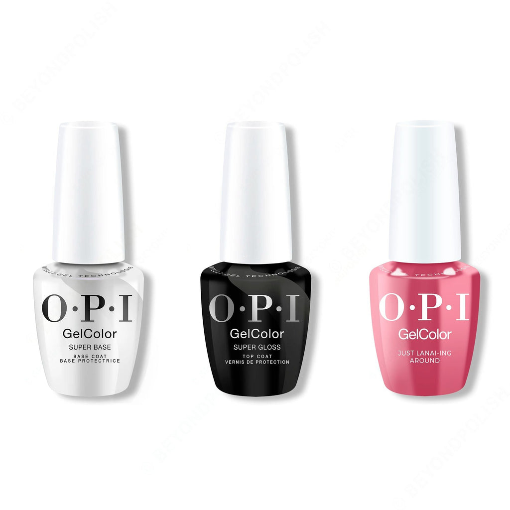 OPI GelColor Intelli-Gel Combo - Super Base Coat, Super Gloss Top Coat & Just Lanai-Ing Around - Long Lasting Formula