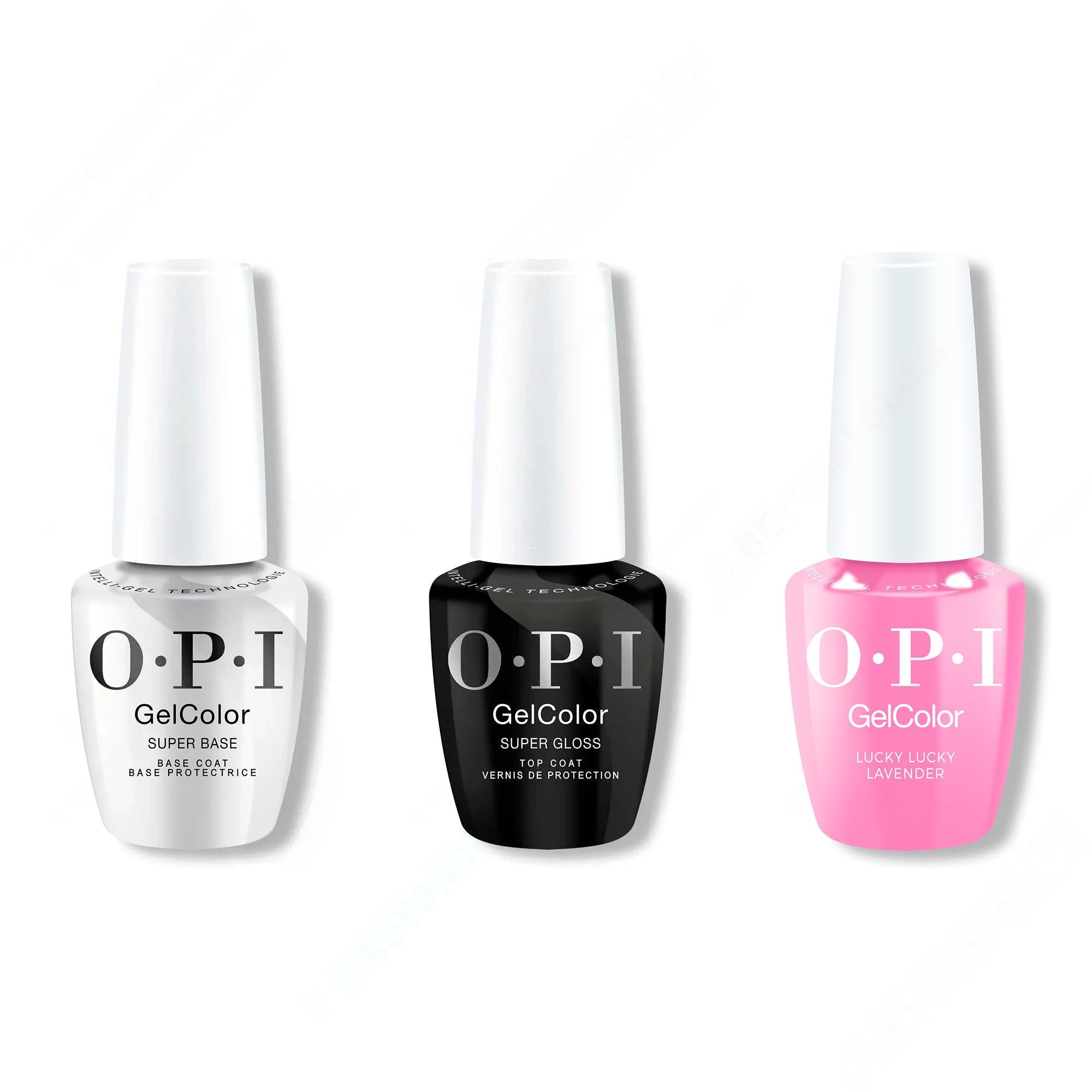 OPI GelColor Intelli-Gel Combo - Super Base Coat, Super Gloss Top Coat & Lucky Lucky Lavender 0.5 Oz - Long Lasting Formula