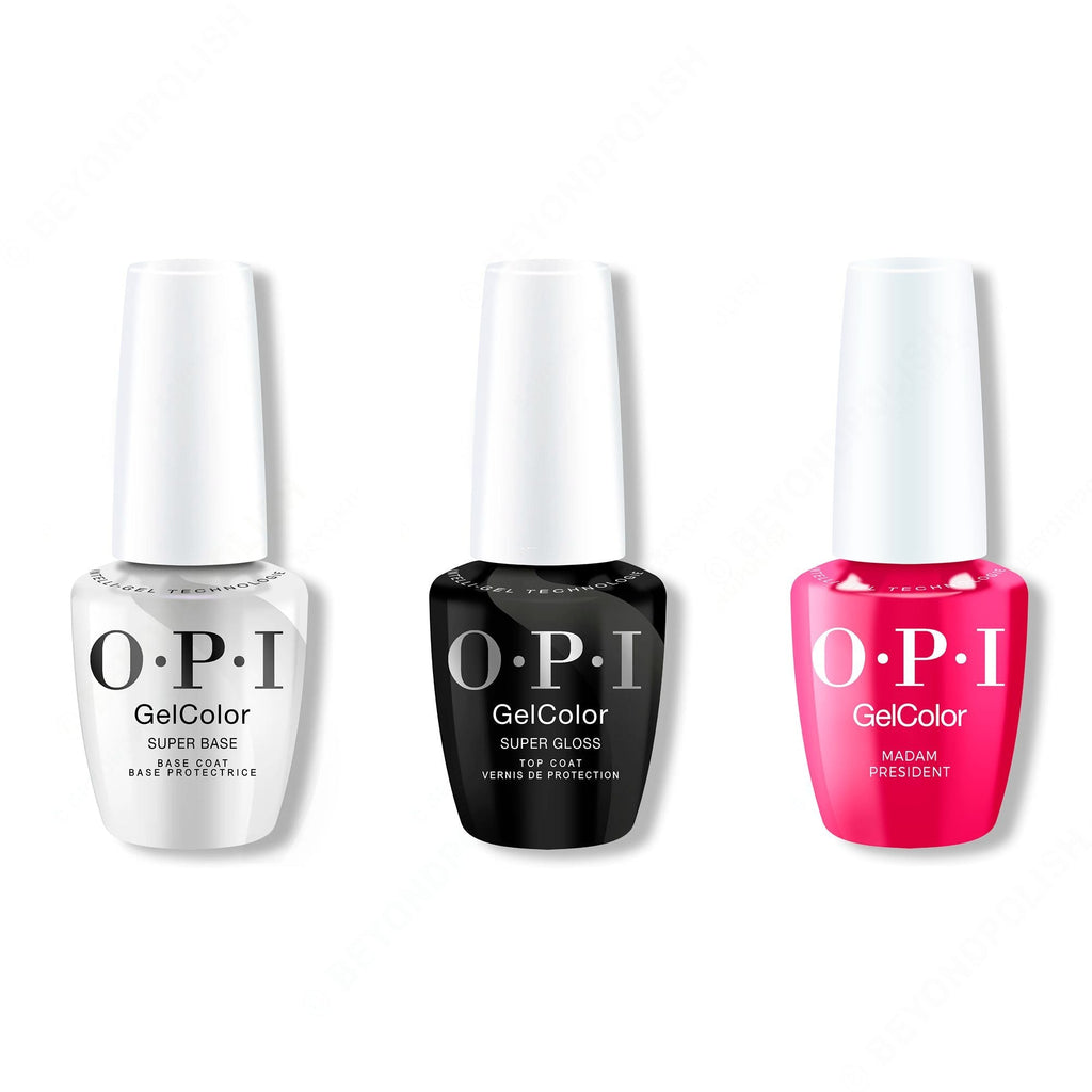 OPI GelColor Intelli-Gel Combo - Super Base Coat, Super Gloss Top Coat & Madam President - Long Lasting Formula