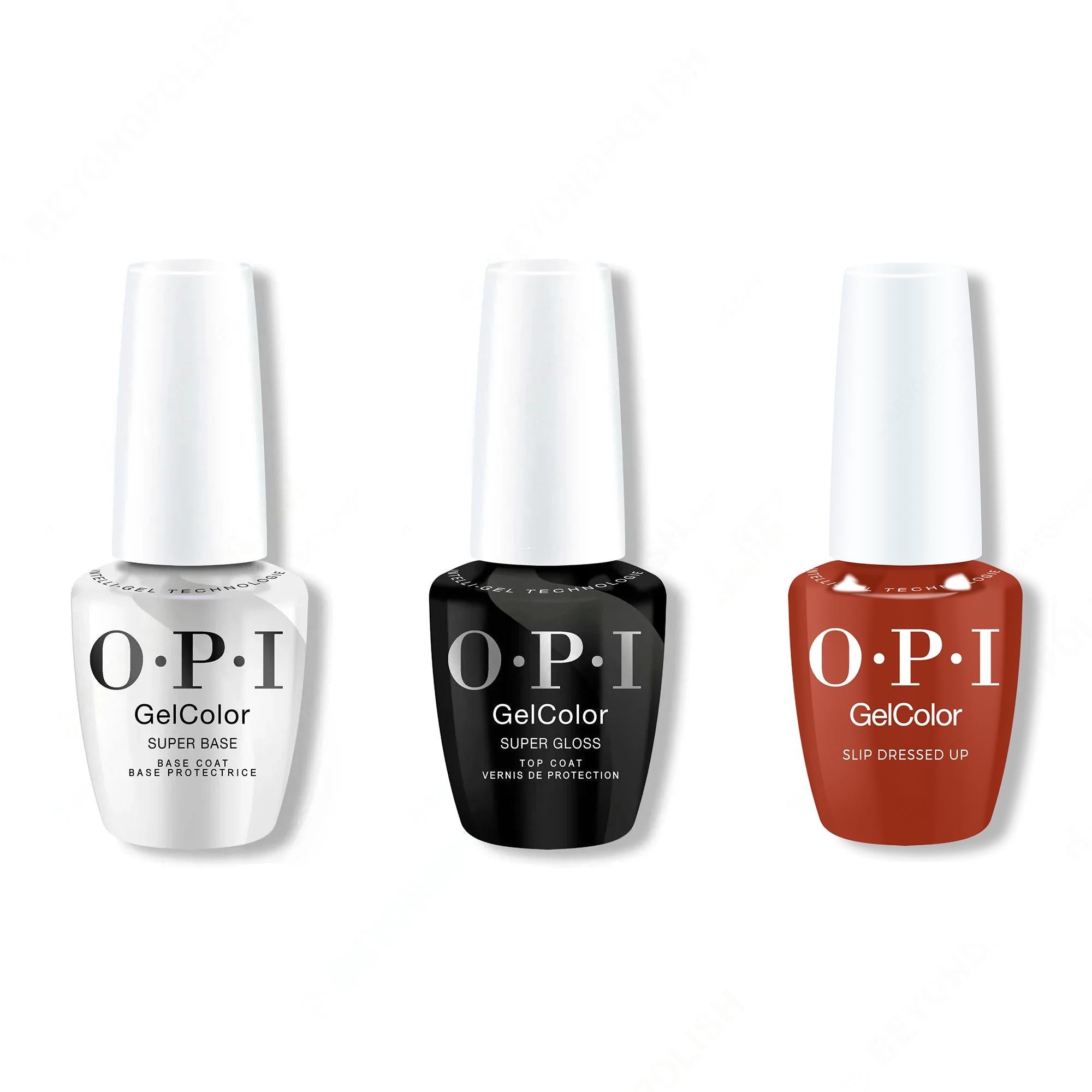 OPI GelColor Intelli-Gel Combo - Super Base Coat, Super Gloss Top Coat & Slip Dressed Up - Long Lasting Formula