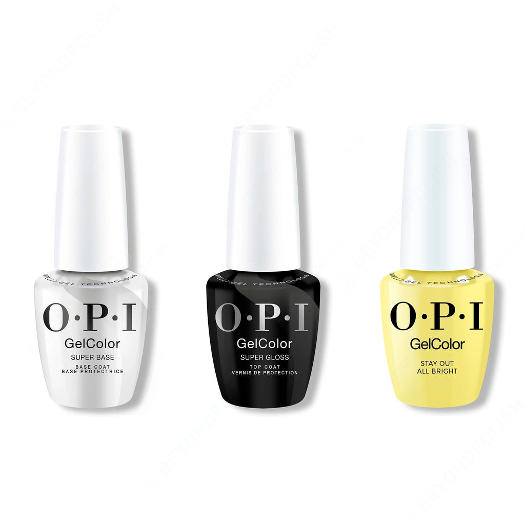 OPI GelColor Intelli-Gel Combo - Super Base Coat, Super Gloss Top Coat & Stay Out All Bright - Long Lasting Formula