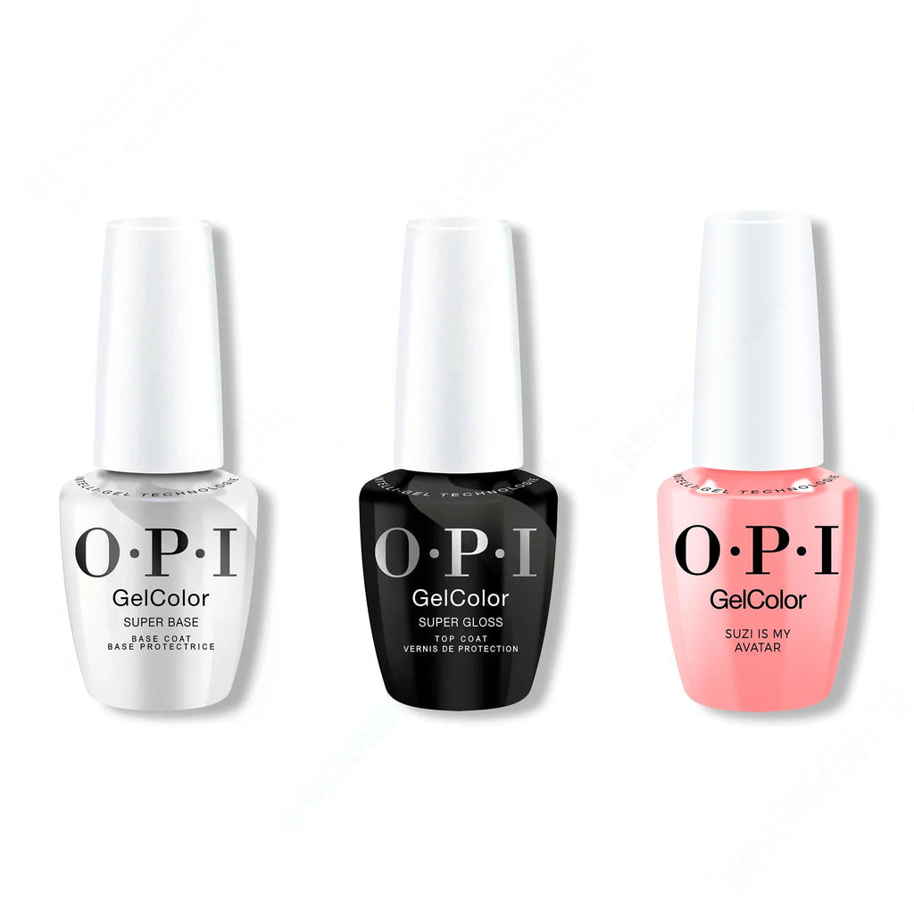 OPI GelColor Intelli-Gel Combo - Super Base Coat, Super Gloss Top Coat & Suzi Is My Avatar 0.5 Oz - Long Lasting Formula