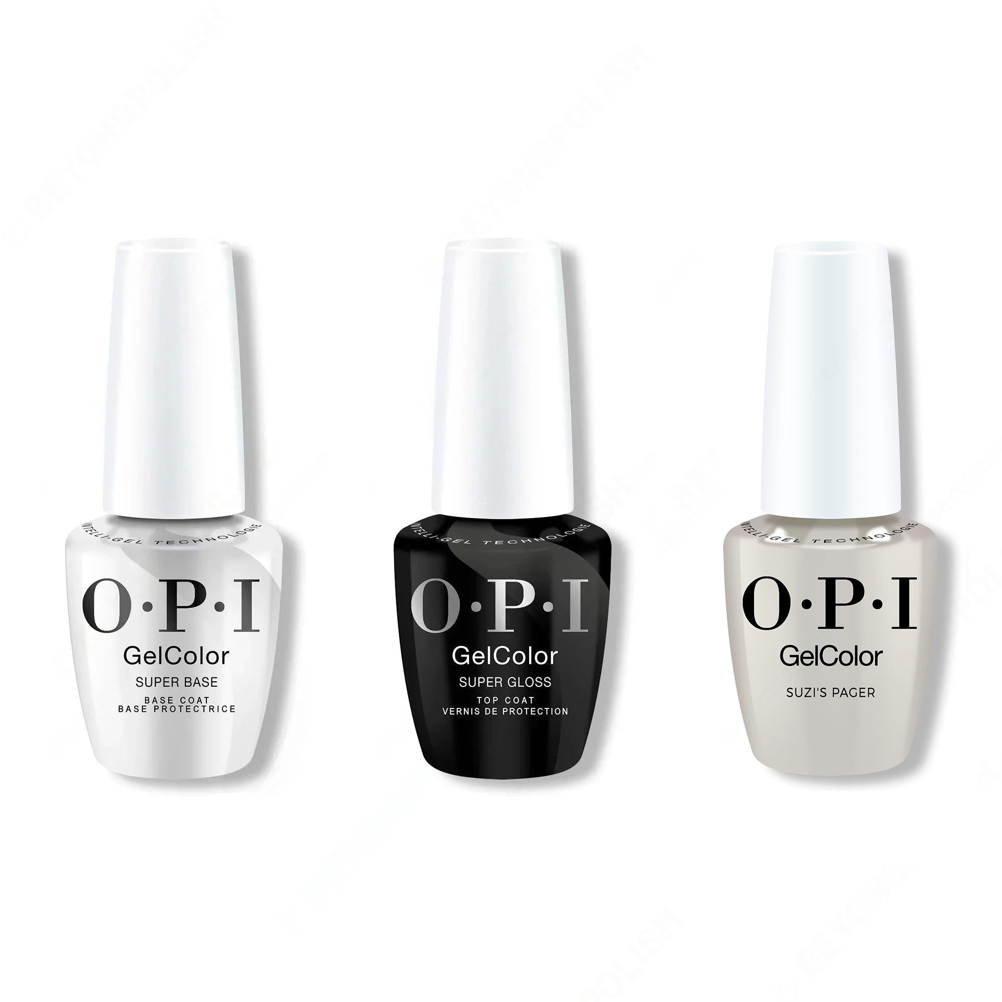 OPI GelColor Intelli-Gel Combo - Super Base Coat, Super Gloss Top Coat & Suzi's Pager - Long Lasting Formula
