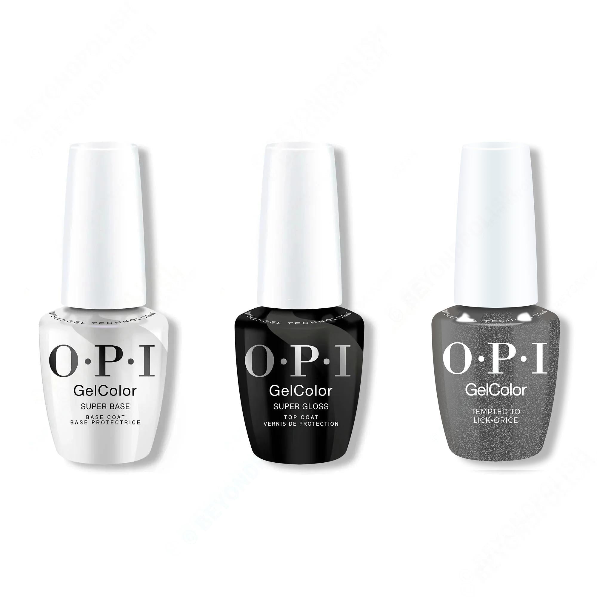 OPI GelColor Intelli-Gel Combo - Super Base Coat, Super Gloss Top Coat & Tempted to Lick-orice - Long Lasting Formula