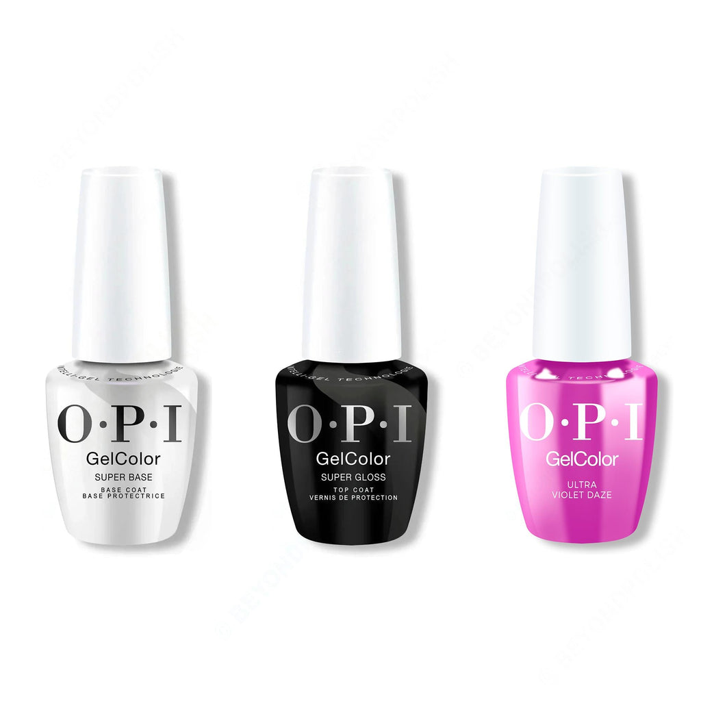 OPI GelColor Intelli-Gel Combo - Super Base Coat, Super Gloss Top Coat & Ultra Violet Daze - Long Lasting Formula