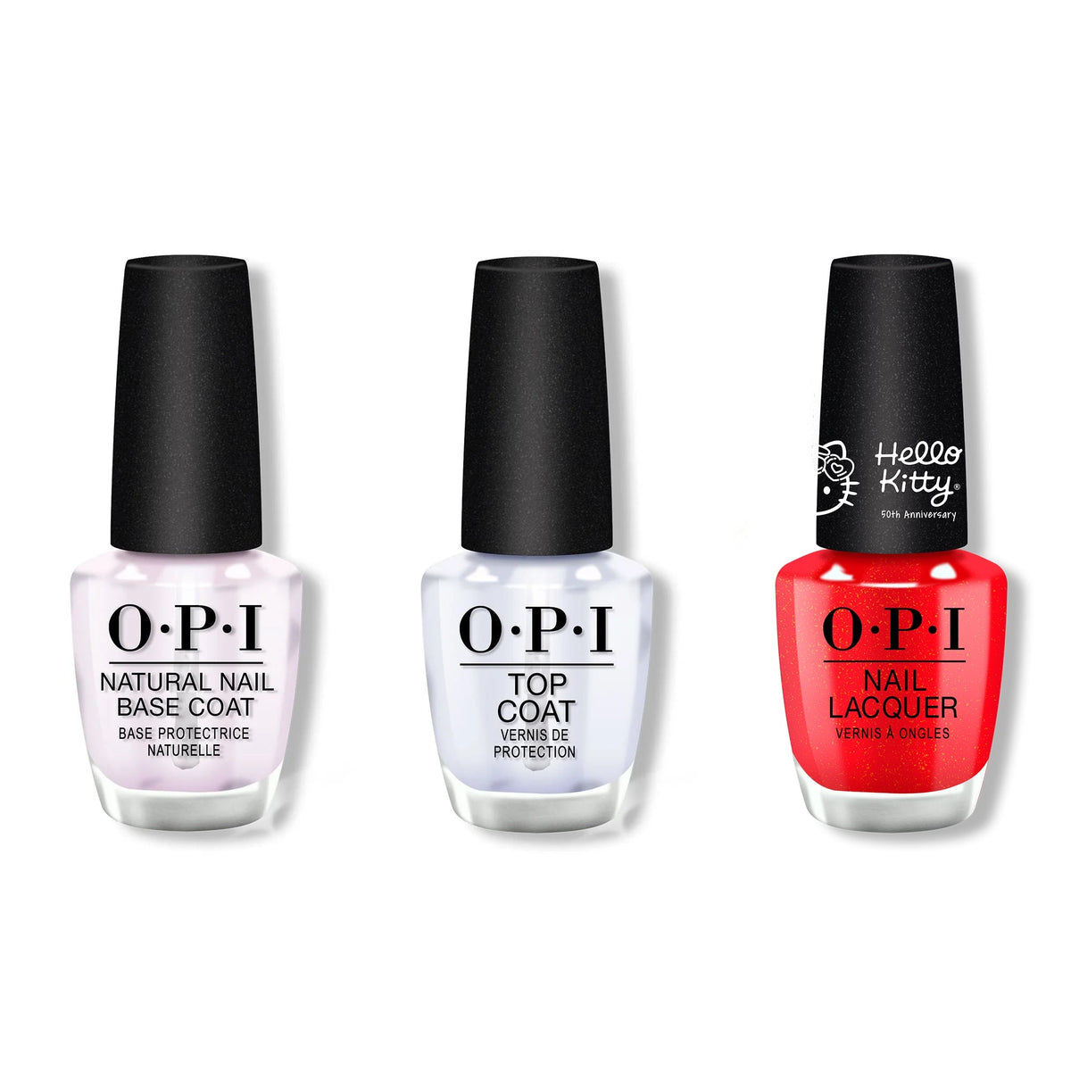 OPI - Nail Lacquer Combo - Base, Top & Hello Kitty, Hello Pretty - Long Lasting Formula